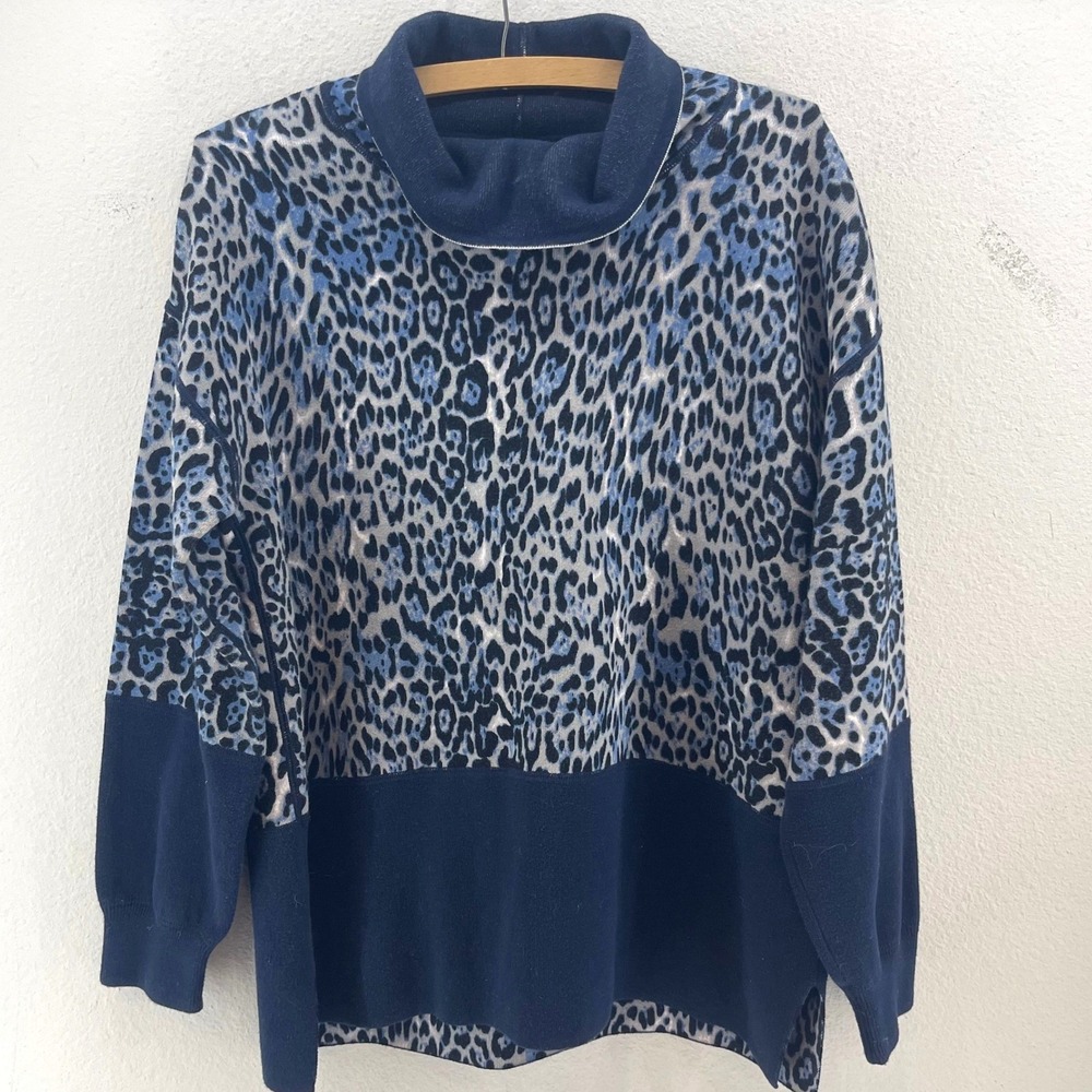 Ost Blue Leopard Print Cowl Neck Colorblock Knit Sweater Womens Medium Chic Cozy